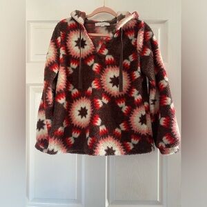 LOFT Sunburst Sherpa Hoodie Pullover Jacket Brown Pink Cozy Casual Women Size S